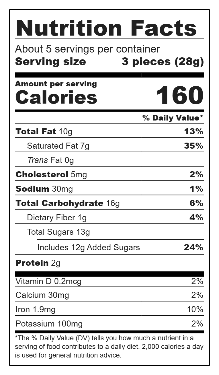 Nutrition label for Maeve's Benefactor Bonbon Box