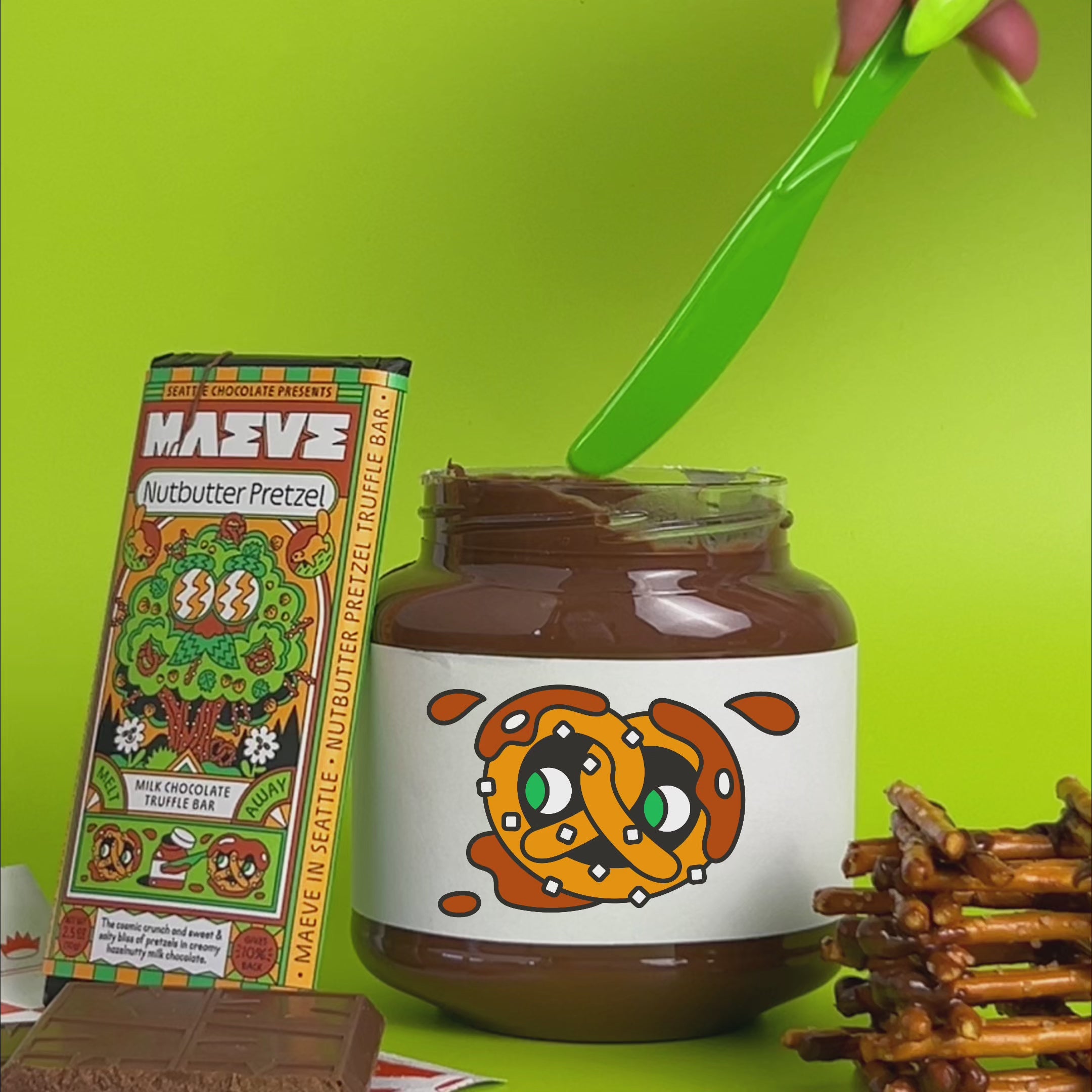 nutbutter pretzel dip with maeve chocolate bar